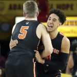 Princeton guard Devin Cannady, right, and teammate Drew Friberg (5) celebrate following a victory over Arizona State in an NCAA college basketball game, Saturday, Dec. 29, 2018, in Tempe, Ariz. (AP Photo/Ralph Freso)