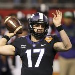 TCU quarterback Grayson Muehlstein throws a pass against California during the first half of the Cheez-It Bowl NCAA college football game Wednesday, Dec. 26, 2018, in Phoenix. (AP Photo/Ross D. Franklin)