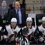 Arizona Coyotes head coach Rick Tocchet calls to officials during the first period of hockey game against the Boston Bruins in Boston, Tuesday, Dec. 11, 2018. (AP Photo/Charles Krupa)