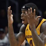 Arizona State forward Zylan Cheatham reacts after being charged with a foul during the second half of the team's NCAA college basketball game against Nevada at the Basketball Hall of Fame Classic on Friday, Dec. 7, 2018, in Los Angeles. (AP Photo/Mark J. Terrill)