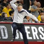 Arizona State coach Bobby Hurley reacts to a foul call during the second half of the team's NCAA college basketball game against Kansas, Saturday, Dec. 22, 2018, in Tempe, Ariz. Arizona State won 80-76. (AP Photo/Rick Scuteri)