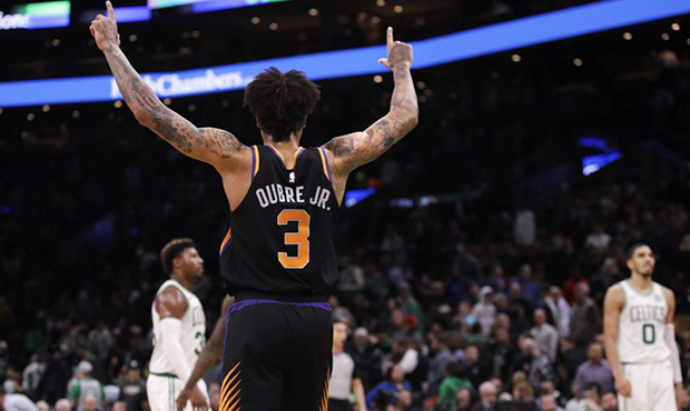 Phoenix Suns guard Kelly Oubre Jr. (3) celebrates after defeating the Boston Celtics in a basketbal...