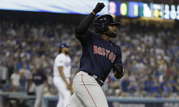 Boston Red Sox's Jackie Bradley Jr. runs the bases after hitting a solo home run off of Los Angeles...