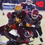 Arizona State wide receiver Brandon Aiyuk is tackled after making a gain against Fresno State during the first half of the Las Vegas Bowl NCAA college football game, Saturday, Dec. 15, 2018, in Las Vegas. (AP Photo/John Locher)