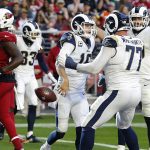 Los Angeles Rams quarterback Jared Goff (16) celebrates after scoring a touchdown against the Arizona Cardinals with offensive tackle Andrew Whitworth (77) during the first half of an NFL football game, Sunday, Dec. 23, 2018, in Glendale, Ariz. (AP Photo/Rick Scuteri)
