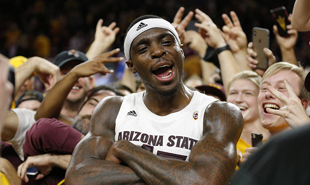 Arizona State forward Zylan Cheatham (45) celebrates with the fans after Arizona State defeated Kan...