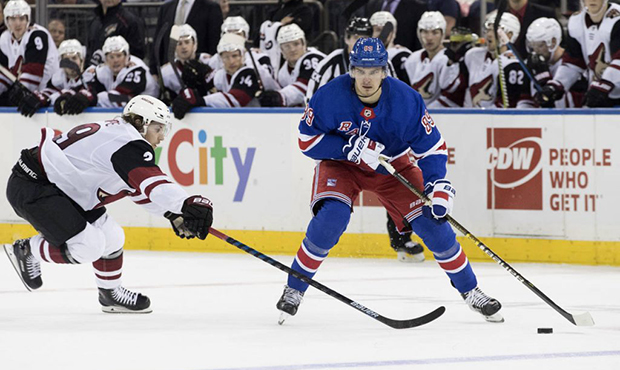 New York Rangers right wing Pavel Buchnevich (89) skates against Arizona Coyotes right wing Mario K...