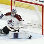 Colorado Avalanche goaltender Pavel Francouz gives up a goal to Arizona Coyotes Brad Richardson during the third period of an NHL hockey game Saturday, Dec. 22, 2018, in Glendale, Ariz. The Coyotes defeated the Avalanche 6-4. (AP Photo/Ross D. Franklin)