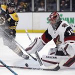 Boston Bruins left wing Brad Marchand (63) lines up his shot for a goal against Arizona Coyotes goaltender Darcy Kuemper (35) during the second period of an NHL hockey game in Boston, Tuesday, Dec. 11, 2018. (AP Photo/Charles Krupa)