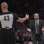 New York Knicks head coach David Fizdale, right, reacts to a call during the first half of an NBA basketball game against the Phoenix Suns, Monday, Dec. 17, 2018, in New York. (AP Photo/Frank Franklin II)