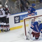 New York Rangers goaltender Henrik Lundqvist (30) reacts as Arizona Coyotes defenseman Oliver Ekman-Larsson (23) celebrates after scoring a goal to tie an NHL hockey game during the third period Friday, Dec. 14, 2018, at Madison Square Garden in New York. (AP Photo/Mary Altaffer)