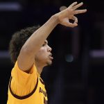 Arizona State forward Taeshon Cherry gestures after hitting a 3-point shot during the first half of an NCAA college basketball game against Nevada at the Basketball Hall of Fame Classic on Friday, Dec. 7, 2018, in Los Angeles. (AP Photo/Mark J. Terrill)