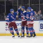 New York Rangers center Kevin Hayes, center, celebrates after scoring a goal during the first period of an NHL hockey game against the Arizona Coyotes, Friday, Dec. 14, 2018, at Madison Square Garden in New York. (AP Photo/Mary Altaffer)