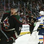 Arizona Coyotes right wing Richard Panik (14) celebrates his goal against the St. Louis Blues during the second period of an NHL hockey game, Saturday, Dec. 1, 2018, in Glendale, Ariz. (AP Photo/Ross D. Franklin)