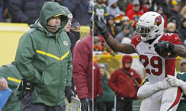Former Packers coach Mike McCarthy, left, and Cardinals running back Chase Edmonds, right, during t...