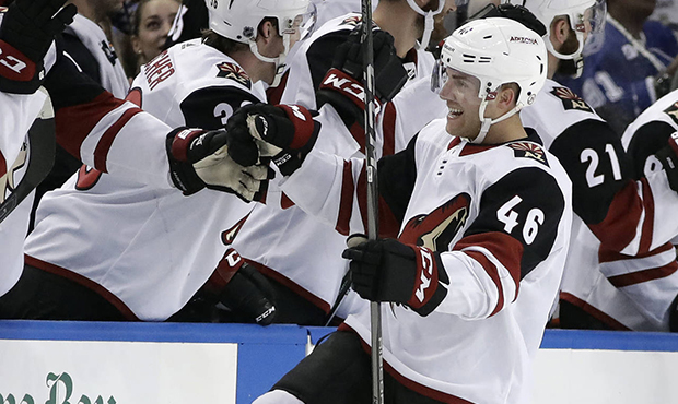 Arizona Coyotes defenseman Trevor Murphy (46) celebrates with the bench after scoring against the T...