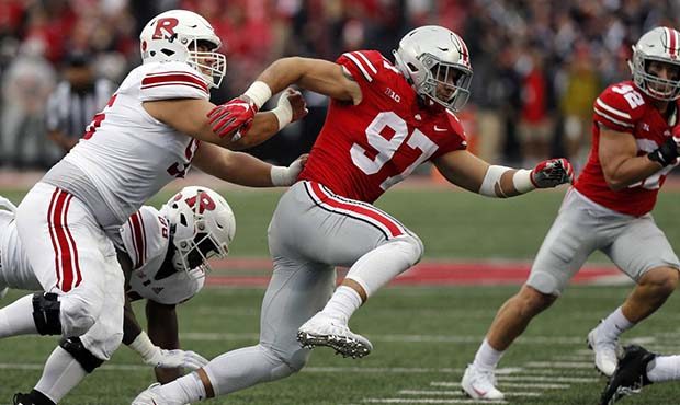 In this Sept. 8, 2018, file photo, Ohio State defensive lineman Nick Bosa plays against Rutgers dur...