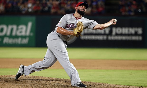 Boston Red Sox relief pitcher Robby Scott (63) pitches against the Texas Rangers during the 8th inn...