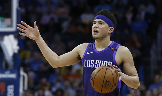 Phoenix Suns guard Devin Booker during an NBA basketball game against the Oklahoma City Thunder in ...