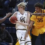 California's Connor Vanover (23) looks to pass the ball away from Arizona State's De'Quon Lake (32), Taeshon Cherry (35) and Zylan Cheatham, right, during the first half of an NCAA college basketball game Wednesday, Jan. 9, 2019, in Berkeley, Calif. (AP Photo/Ben Margot)