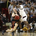 Oregon State guard Zach Reichle, left, runs into Arizona State forward Zylan Cheatham during the second half of an NCAA college basketball game Thursday, Jan. 17, 2019, in Tempe, Ariz. Arizona State won 70-67. (AP Photo/Ross D. Franklin)