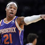 Phoenix Suns' Richaun Holmes reacts after being called for a foul during the second half of the team's NBA basketball game against the San Antonio Spurs, Tuesday, Jan. 29, 2019, in San Antonio. San Antonio won 126-124. (AP Photo/Darren Abate)