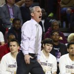 Arizona State head coach Bobby Hurley yells at the officials during the first half of an NCAA college basketball game against Oregon State, Thursday, Jan. 17, 2019, in Tempe, Ariz. (AP Photo/Ross D. Franklin)