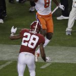 Clemson's Justyn Ross makes a one-handed catch in front of Alabama's Josh Jobe during the second half of the NCAA college football playoff championship game, Monday, Jan. 7, 2019, in Santa Clara, Calif. (AP Photo/Jeff Chiu)