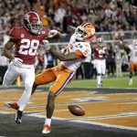 Alabama's Josh Jobe is called for a late hit after Clemson's Tee Higgins' touchdown catch during the second half of the NCAA college football playoff championship game, Monday, Jan. 7, 2019, in Santa Clara, Calif. (AP Photo/David J. Phillip)