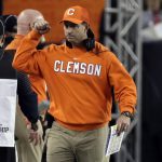 Clemson head coach Dabo Swinney reacts after a touchdown during the first half the NCAA college football playoff championship game against Alabama, Monday, Jan. 7, 2019, in Santa Clara, Calif. (AP Photo/David J. Phillip)