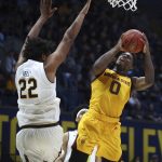 Arizona State guard Luguentz Dort, right, shoots against California's Andre Kelly (22) during the first half of an NCAA college basketball game Wednesday, Jan. 9, 2019, in Berkeley, Calif. (AP Photo/Ben Margot)