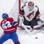 Arizona Coyotes goaltender Calvin Pickard (30) stops Montreal Canadiens defenceman Victor Mete (53) during the first period of an NHL hockey game Wednesday, Jan. 23, 2019, in Montreal. (Ryan Remiorz/The Canadian Press via AP)