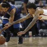 Minnesota Timberwolves' Derrick Rose and Phoenix Suns' Kelly Oubre Jr., go after a loose ball in the first half of an NBA basketball game Sunday, Jan. 20, 2019, in Minneapolis. (AP Photo/Stacy Bengs)