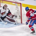 Arizona Coyotes goaltender Calvin Pickard (30) makes a save on Montreal Canadiens left wing Charles Hudon (54) during the second period of an NHL hockey game Wednesday, Jan. 23, 2019, in Montreal. (Ryan Remiorz/The Canadian Press via AP)