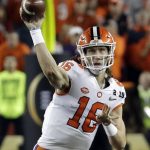 Clemson's Trevor Lawrence throws during the first half of the NCAA college football playoff championship game against Alabama, Monday, Jan. 7, 2019, in Santa Clara, Calif. (AP Photo/Chris Carlson)