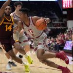 Stanford forward KZ Okpala (0) drives around Arizona State forward Kimani Lawrence (14) during the first half of an NCAA college basketball game in Stanford, Calif., Saturday, Jan. 12, 2019. (AP Photo/Tony Avelar)