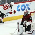 New Jersey Devils right wing Drew Stafford (18) celebrates his goal against Arizona Coyotes goaltender Darcy Kuemper (35) during the shootout of an NHL hockey game Friday, Jan. 4, 2019, in Glendale, Ariz. The Devils won 3-2. (AP Photo/Ross D. Franklin)