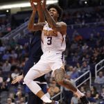 Phoenix Suns forward Kelly Oubre Jr. (3) shoots against the Minnesota Timberwolves during the second half of an NBA basketball game, Tuesday, Jan. 22, 2019, in Phoenix. The Timberwolves won 118-91.(AP Photo/Matt York)