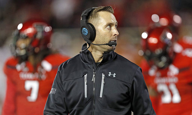 FILE - In this Nov. 10, 2018, file photo, Texas Tech Kliff Kingsbury walks off the field during the...