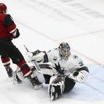 Arizona Coyotes right wing Richard Panik (14) scores a goal against San Jose Sharks goaltender Aaron Dell (30) during the first period of an NHL hockey game Wednesday, Jan. 16, 2019, in Glendale, Ariz. (AP Photo/Ross D. Franklin)