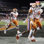 Clemson's Tee Higgins (5) celebrates his touchdown catch during the second half of the NCAA college football playoff championship game against Alabama, Monday, Jan. 7, 2019, in Santa Clara, Calif. (AP Photo/David J. Phillip)