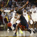 Arizona State guard Luguentz Dort (0) stops Oregon State guard Ethan Thompson, middle, from dribbling past him as Arizona State forwards Romello White (23) and Zylan Cheatham (45) watch during the second half of an NCAA college basketball game Thursday, Jan. 17, 2019, in Tempe, Ariz. Arizona State won 70-67. (AP Photo/Ross D. Franklin)