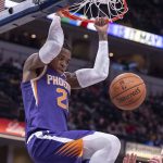 Phoenix Suns forward Richaun Holmes dunks during the first half of the team's NBA basketball game against the Indiana Pacers on Tuesday, Jan. 15, 2019, in Indianapolis. (AP Photo/Doug McSchooler)
