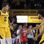 Arizona State guard Rob Edwards (2) celebrates a three-point basket against Arizona with teammate Remy Martin, right, during the first half of an NCAA college basketball game Thursday, Jan. 31, 2019, in Tempe, Ariz. (AP Photo/Ross D. Franklin)