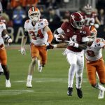 Alabama's Jerry Jeudy catches a pass in front of Clemson's A.J. Terrell during the second half of the NCAA college football playoff championship game, Monday, Jan. 7, 2019, in Santa Clara, Calif. (AP Photo/Chris Carlson)