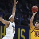 Arizona State's Taeshon Cherry, right, shoots against California's Justice Sueing (10) during the first half of an NCAA college basketball game Wednesday, Jan. 9, 2019, in Berkeley, Calif. (AP Photo/Ben Margot)