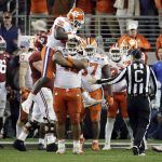 The Clemson defense celebrates after stopping Alabama during the second half of the NCAA college football playoff championship game, Monday, Jan. 7, 2019, in Santa Clara, Calif. (AP Photo/Chris Carlson)