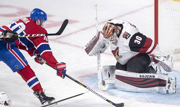 Arizona Coyotes goaltender Calvin Pickard (30) makes a save on Montreal Canadiens right wing Joel A...