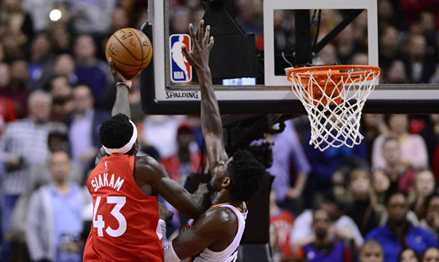 Toronto Raptors forward Pascal Siakam (43) scores the game-winning basket over Phoenix Suns center ...