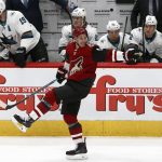 Arizona Coyotes right wing Richard Panik celebrates his goal against the San Jose Sharks during the first period of an NHL hockey game Wednesday, Jan. 16, 2019, in Glendale, Ariz. (AP Photo/Ross D. Franklin)